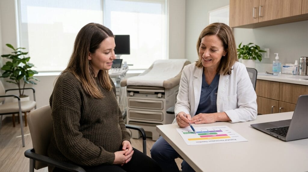 Pregnant patient discussing flu RSV and Tdap vaccine timing during prenatal care