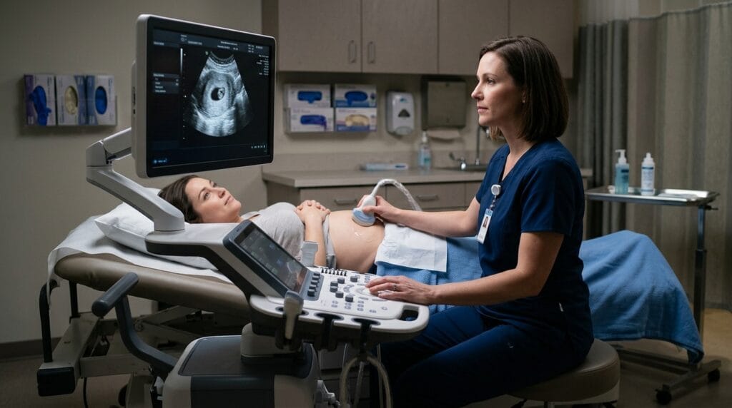 Sonographer performing an early pregnancy ultrasound examination