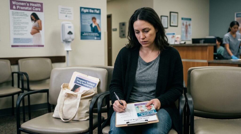 erson deciding about a flu shot while waiting to confirm a possible pregnancy